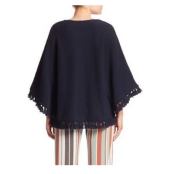 Chloe Fringe Poncho in Night Blue Cotton Wool Blend Drape Sweater Navy S - Picture 3 of 9